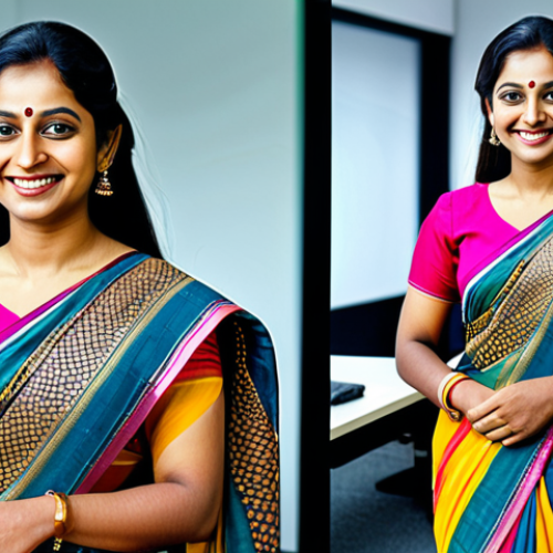 Home 18 **
"A professional Bengali woman in a modest, colorful saree, smiling warmly in a modern office setting, fully clothed, appropriate attire, safe for work, perfect anatomy, natural proportions, professional photography, high quality."
**