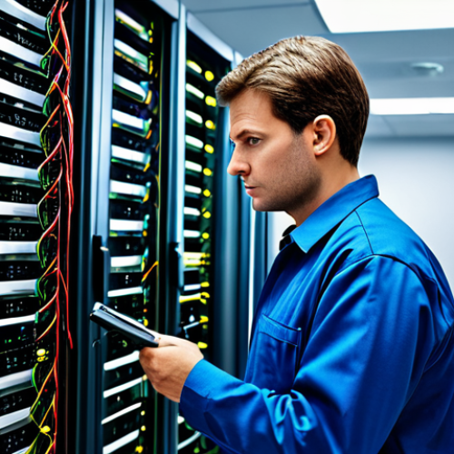 Home 10 **Telecommunications:** A fully clothed professional engineer inspecting a complex network server room with blinking lights, focusing on signal processing. Appropriate attire, safe for work, perfect anatomy, natural proportions, high resolution, professional photograph.
