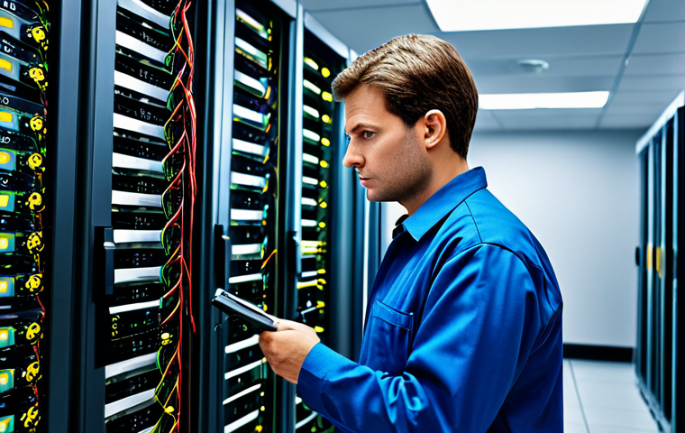 **Telecommunications:** A fully clothed professional engineer inspecting a complex network server room with blinking lights, focusing on signal processing. Appropriate attire, safe for work, perfect anatomy, natural proportions, high resolution, professional photograph.