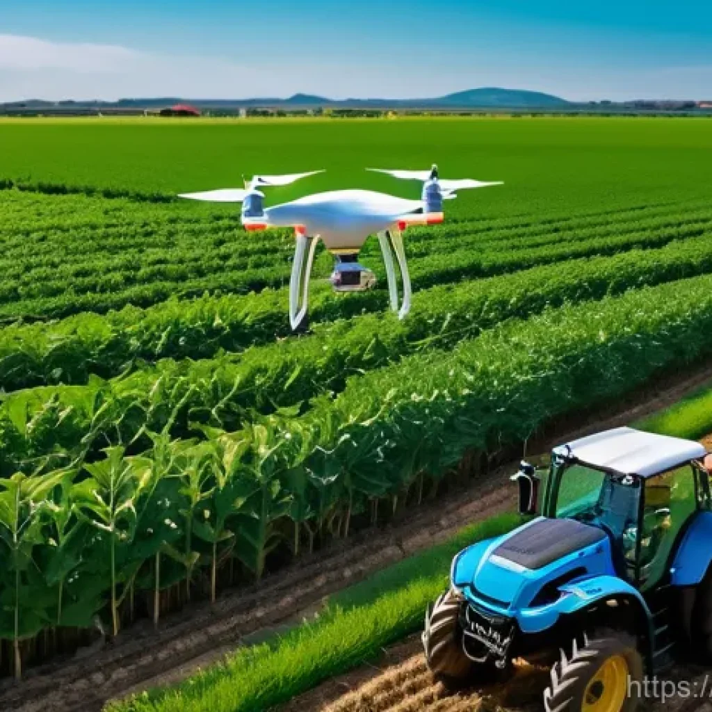 드론 네트워크 및 통신 - **A highly advanced drone performing agricultural monitoring over vast, vibrant green fields under a...