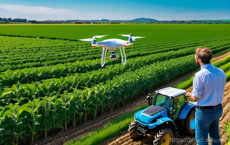드론 네트워크 및 통신 - **A highly advanced drone performing agricultural monitoring over vast, vibrant green fields under a...