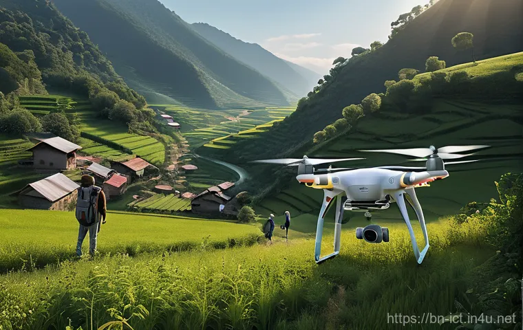 드론 네트워크 및 통신 - **A highly advanced drone performing agricultural monitoring over vast, vibrant green fields under a...