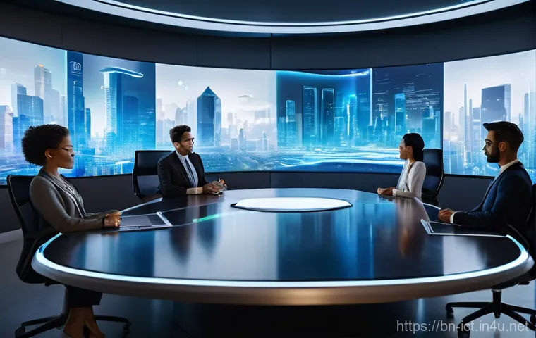 메타버스 네트워크 구축 - **Prompt:** "A group of diverse, professionally dressed avatars engaging in a dynamic virtual confer...