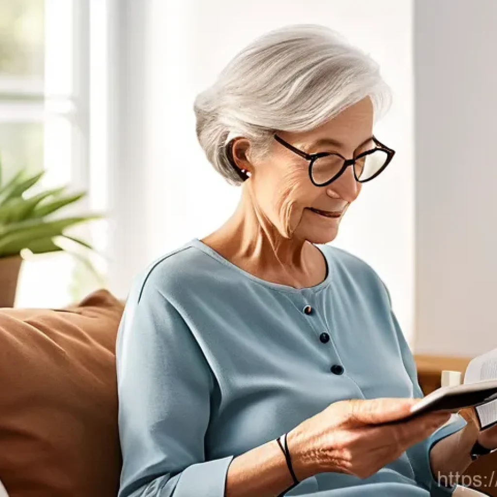 IoT 기반 의료 통신 - **Prompt:** A serene, sunlit modern living room where an elderly woman, dressed in comfortable, mode...