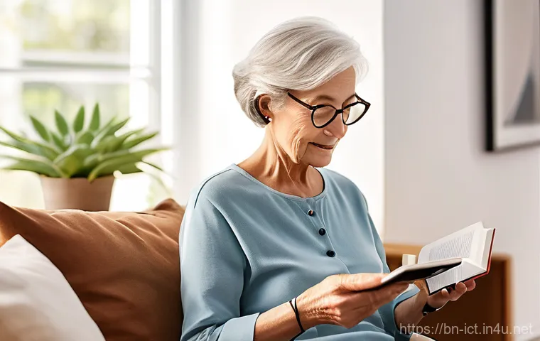 IoT 기반 의료 통신 - **Prompt:** A serene, sunlit modern living room where an elderly woman, dressed in comfortable, mode...