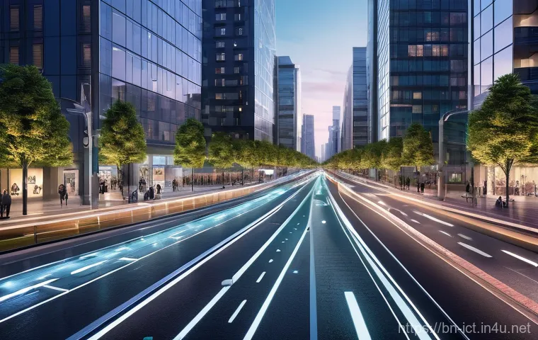 자율주행차 통신 인프라 - A dynamic, high-angle shot of a bustling futuristic smart city street at twilight. Sleek, driverless...