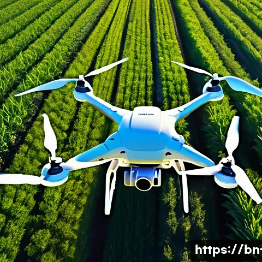 드론 기반 5G 네트워크 - **Agricultural Revolution with 5G Drones:** A wide-angle, aerial shot of a vast, lush green agricult...