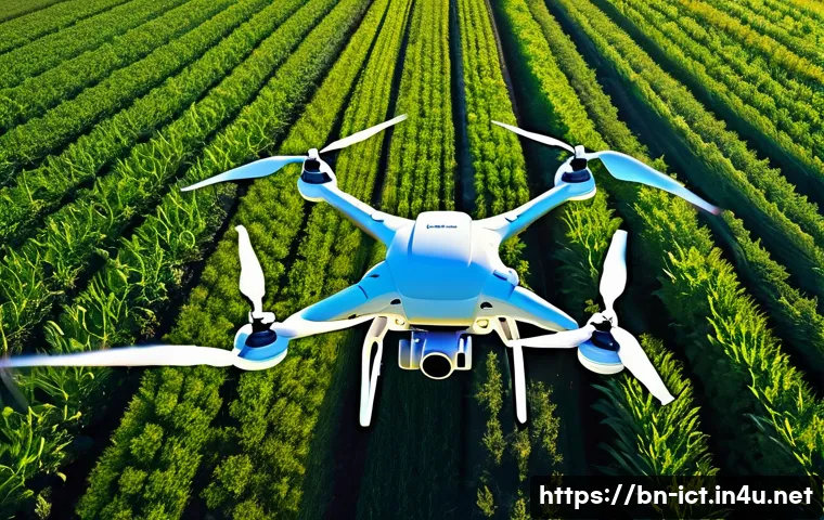 드론 기반 5G 네트워크 - **Agricultural Revolution with 5G Drones:** A wide-angle, aerial shot of a vast, lush green agricult...