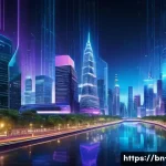 Home 21 양자 네트워크 기술 - A futuristic digital cityscape at night illuminated by glowing quantum data streams flowing like riv...