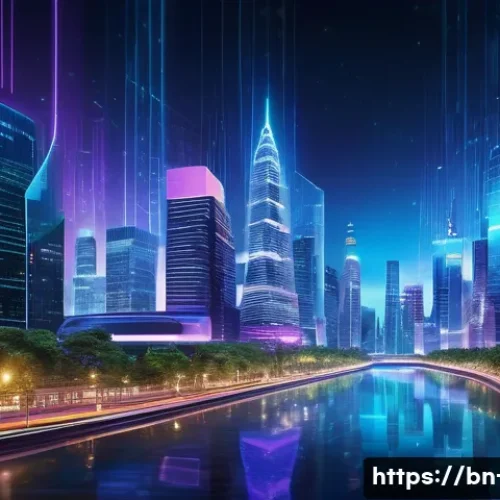 Home 33 양자 네트워크 기술 - A futuristic digital cityscape at night illuminated by glowing quantum data streams flowing like riv...