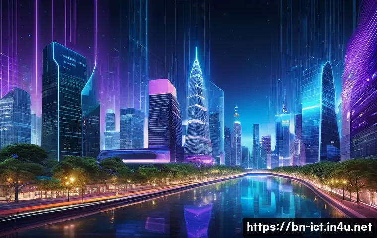 양자 네트워크 기술 - A futuristic digital cityscape at night illuminated by glowing quantum data streams flowing like riv...