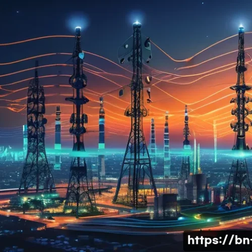 Home 32 통신 시스템 모델링 - A highly detailed digital illustration of a modern communication system model showing signal transmi...