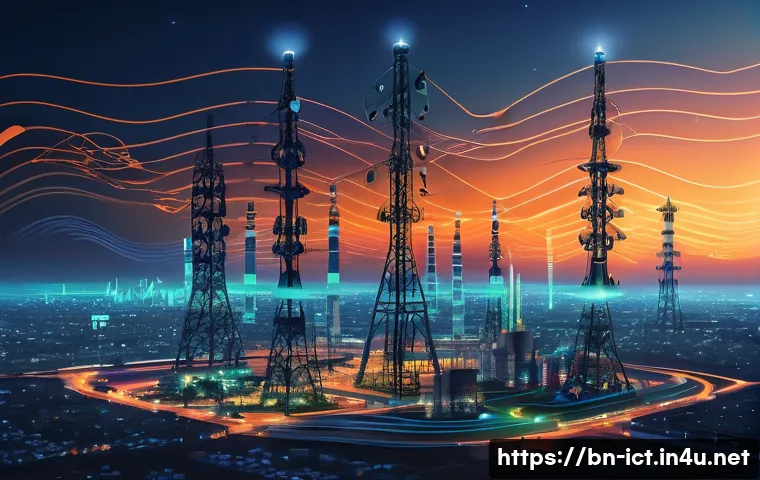 통신 시스템 모델링 - A highly detailed digital illustration of a modern communication system model showing signal transmi...
