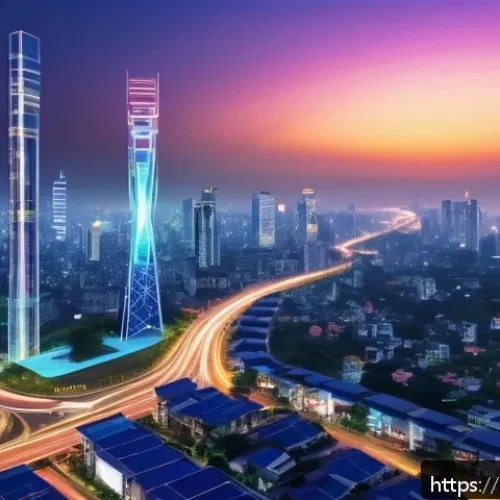 Home 30 광대역 이동통신 개론 - A futuristic smart cityscape in Bangladesh at dusk, showcasing 5G network towers emitting vibrant di...
