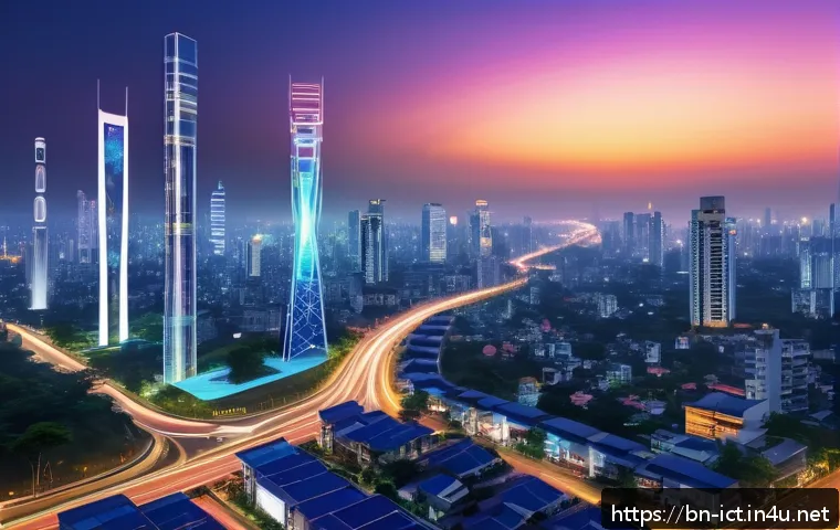 광대역 이동통신 개론 - A futuristic smart cityscape in Bangladesh at dusk, showcasing 5G network towers emitting vibrant di...