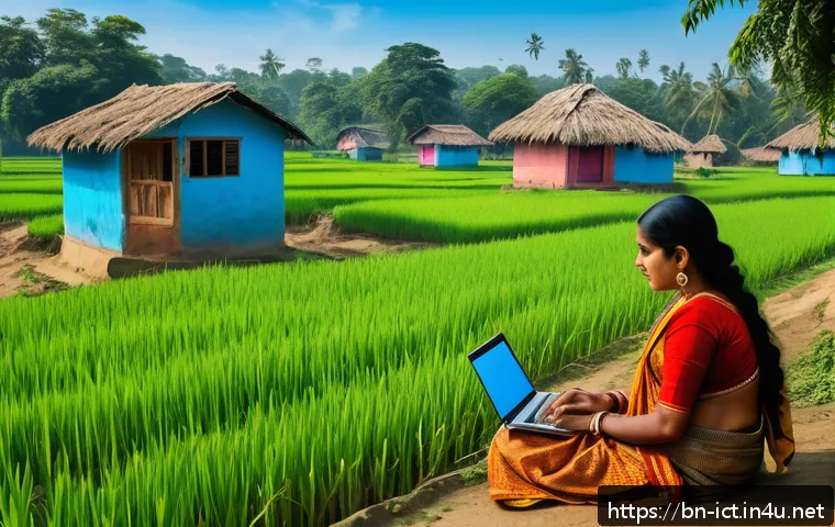 멀티홉 네트워크 기술 - A vibrant rural village scene in Bengal showcasing a multi-hop network setup: traditional Bengali ho...