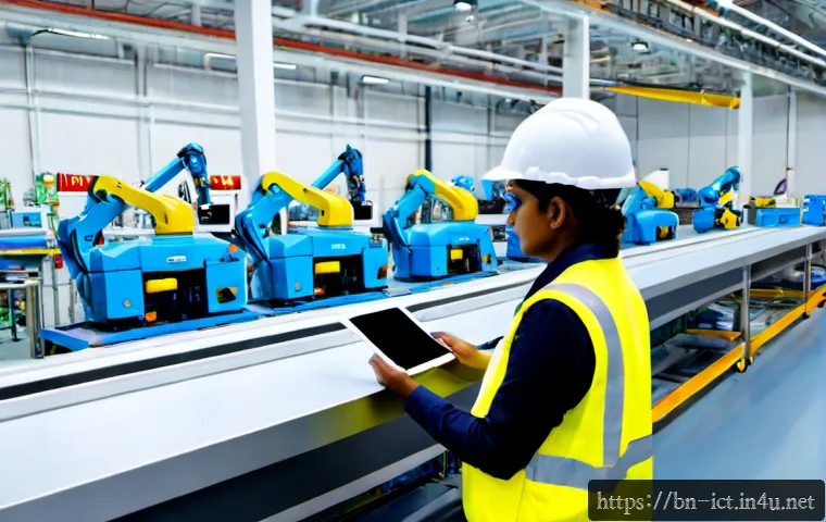 스마트팩토리 네트워크 - Photorealistic modern smart factory interior, wide view of automated assembly line with robotic arms...