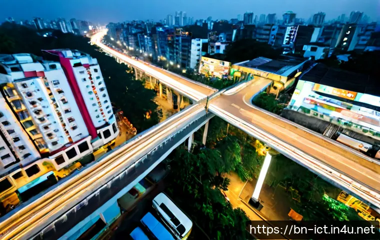 스마트 시티 네트워크 인프라 - Photorealistic smart city network infrastructure in Dhaka, Bangladesh, elevated wide-angle view at b...