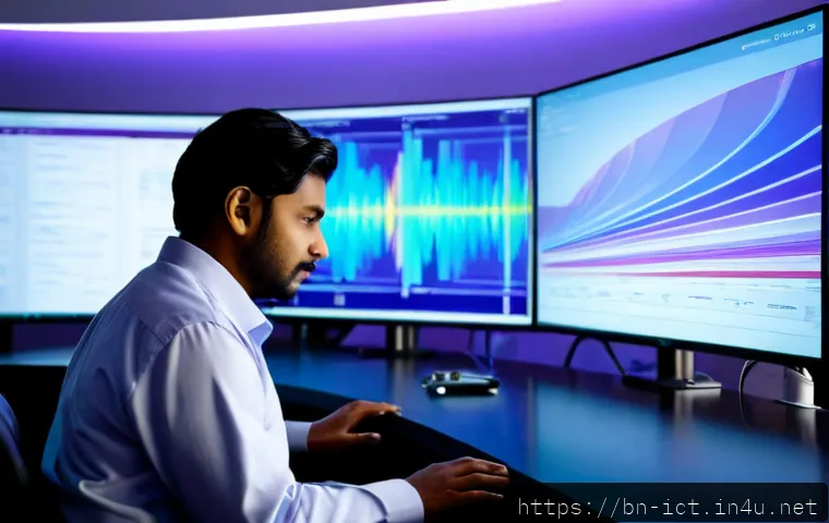 Home 17 AI 기반 스펙트럼 활용 최적화 - Photorealistic telecommunications engineer in a modern control room, studying a large wall display o...